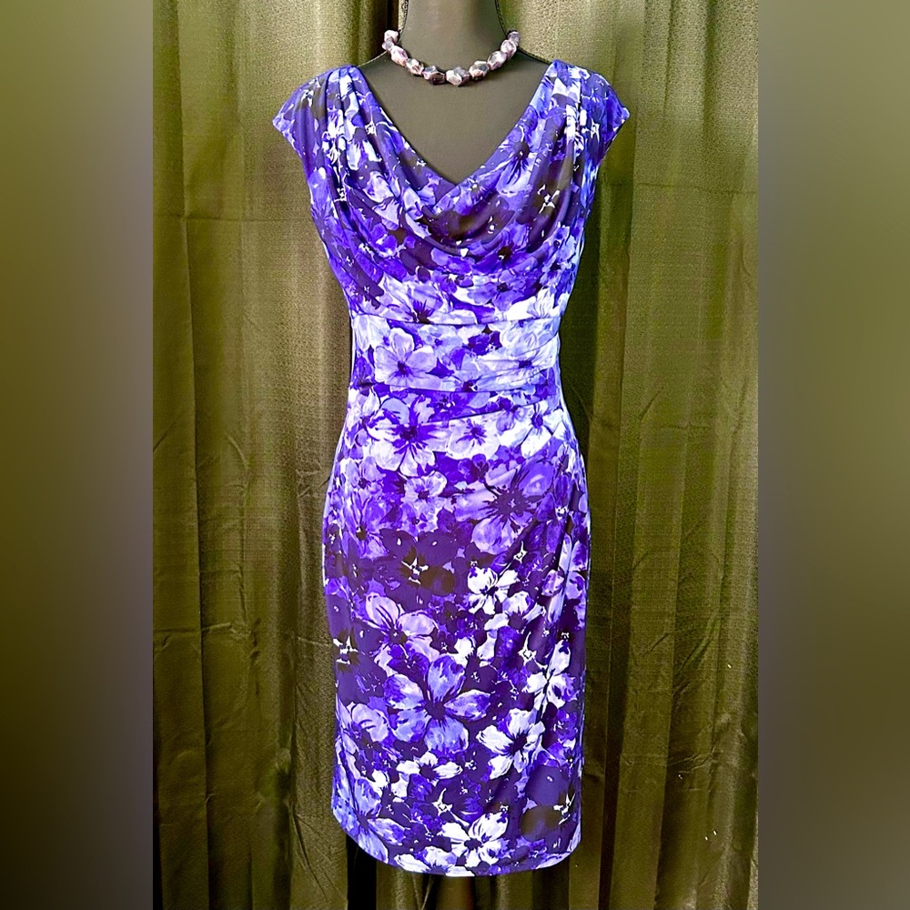Lauren Ralph Lauren Purple Floral Cowl-Neck Dress, Size 4